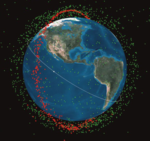 Reprinted with permission from "Back Scatter," Physics Today, March 2007, page 100. Analysis and images, generated with the STK software package, courtesy of <a href="http://www.centerforspace.com" target="_blank">CSSI</a>. Object sizes magnified for visibility. <a href="http://www.physicstogo.com/images/features/satelliteChinalarge-2-26-08.jpg" target="_blank">larger version</a>